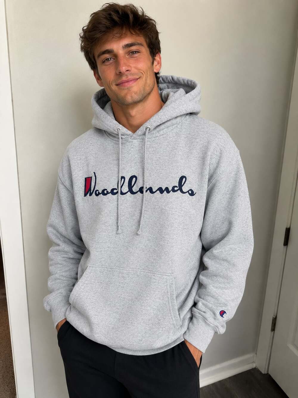 Champion Powerblend Hoodie Mens Gray Woodlands Script Logo Pullover Sweatshirt